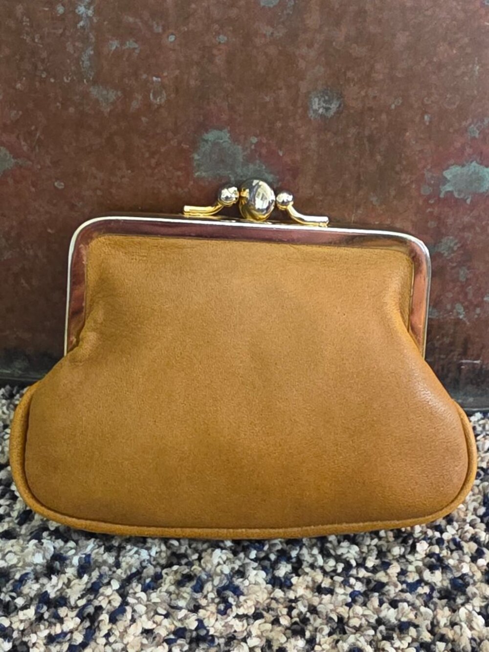Vintage Tan Leather Double Kiss Lock‎ Coin Purse Pouch Small Frame